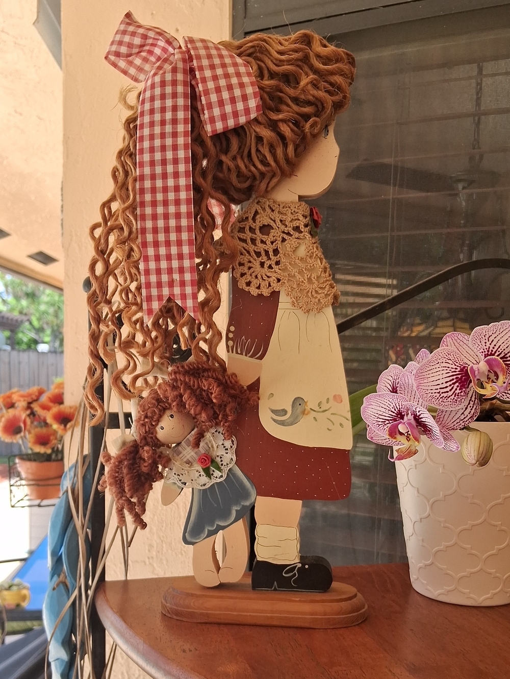 Vintage TURLIS Origanals Handmade Wooden Girl Figurine with Doll - Red & Cream.